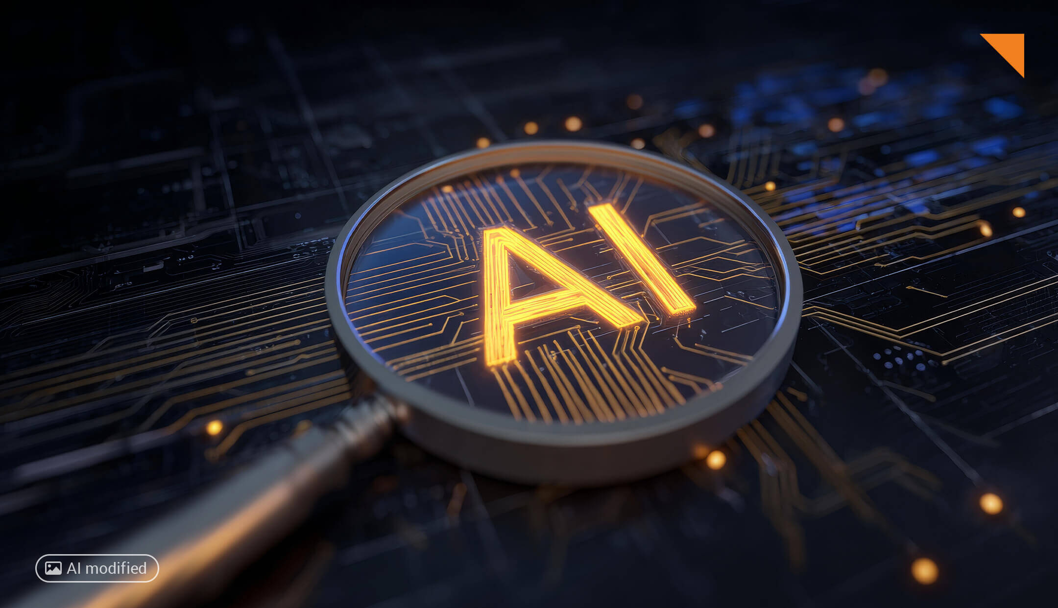 Close-up of a magnifying glass on a dark circuit board. Under the magnifying glass, the letters “AI” glow in orange, surrounded by fine conductive traces and electronic circuits. The image is rendered in dark shades of blue and orange and symbolizes the testing, monitoring, and regulatory classification of artificial intelligence in the financial sector. Reference to the article: Bafin to Supervise AI in the Financial Sector: What Organizations Need to Know
