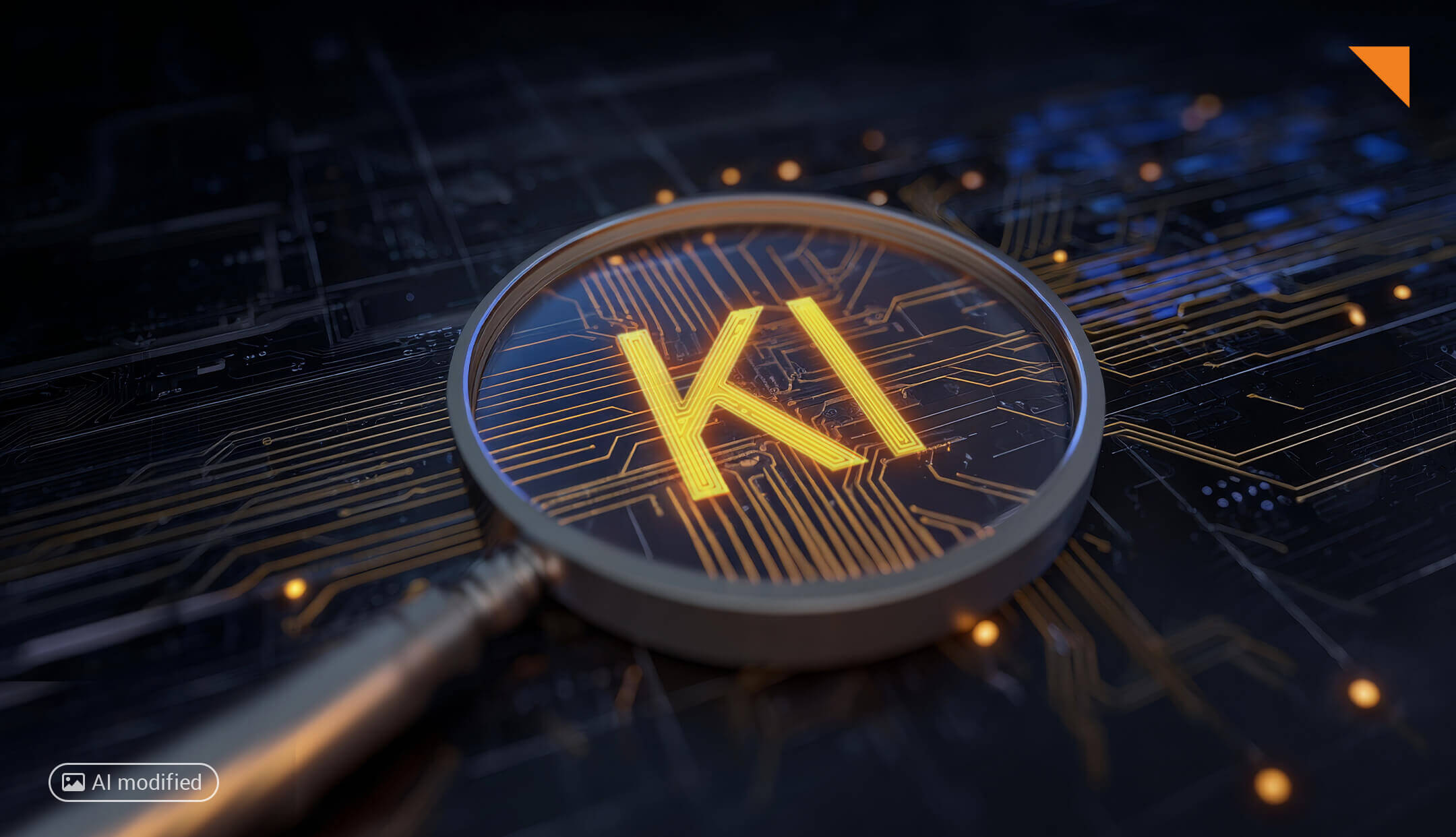 Nahaufnahme einer Lupe auf einer dunklen Leiterplatte. Unter der Lupe leuchten die Buchstaben „KI“ in Orange, umgeben von feinen Leiterbahnen und elektronischen Schaltkreisen. Das Bild ist in dunklen Blau- und Orangetönen gehalten und symbolisiert die Prüfung, Überwachung und regulatorische Einordnung von Künstlicher Intelligenz im Finanzsektor. Bezug zum Artikel: „BaFin überwacht KI im Finanzsektor: Was Unternehmen jetzt einordnen sollten“
