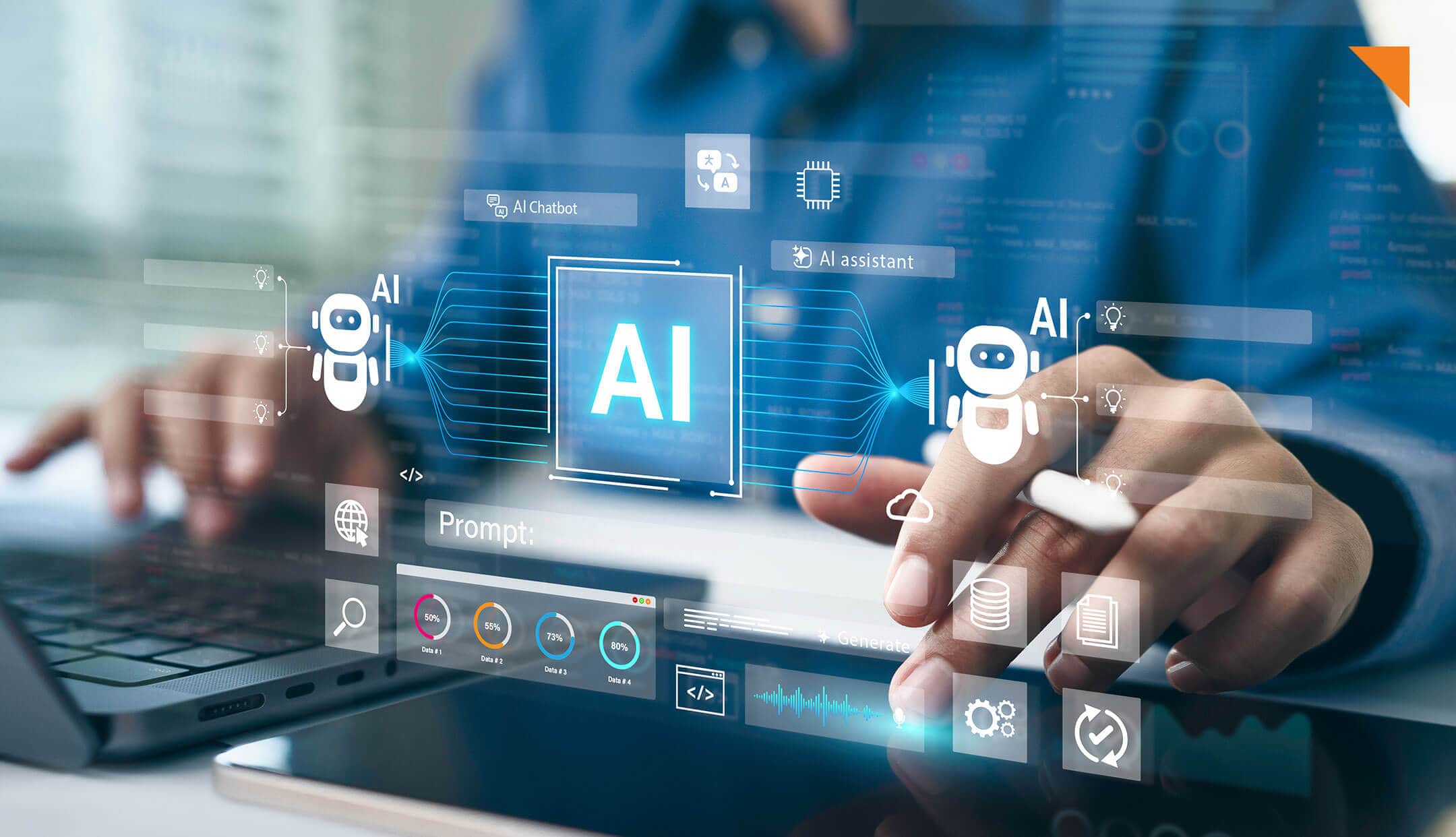 A person's hands on a laptop and tablet, overlaid with digital interfaces and the letters ‘AI,’ visualize the security analysis and penetration testing of AI and LLM systems.